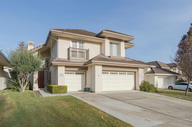 view of front of house featuring a front lawn, a balcony, and a garage