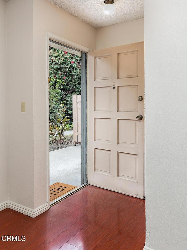 entryway with a textured ceiling and wood-type flooring