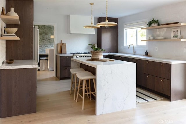 kitchen with light hardwood / wood-style floors, decorative backsplash, a kitchen island, pendant lighting, and dark brown cabinetry