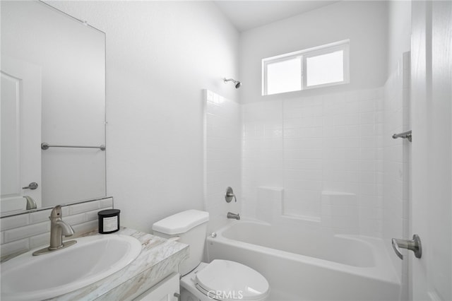 full bathroom with toilet, vanity, and bathing tub / shower combination