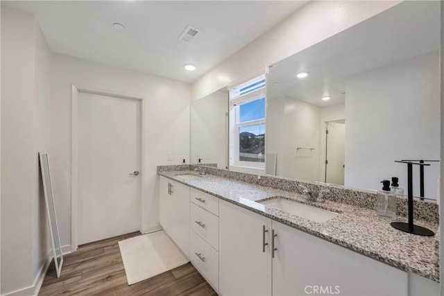 bathroom with hardwood / wood-style floors and vanity