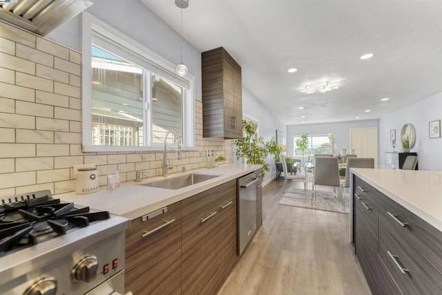 kitchen featuring decorative light fixtures, light hardwood / wood-style floors, sink, stainless steel dishwasher, and dark brown cabinets