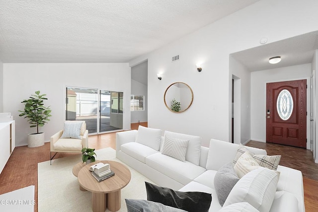 living room featuring a textured ceiling, lofted ceiling, and hardwood / wood-style floors