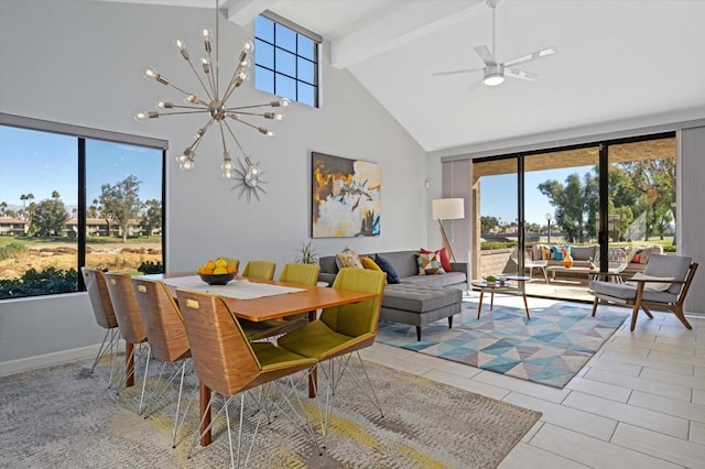 dining space featuring a healthy amount of sunlight, ceiling fan with notable chandelier, beamed ceiling, and light tile patterned flooring