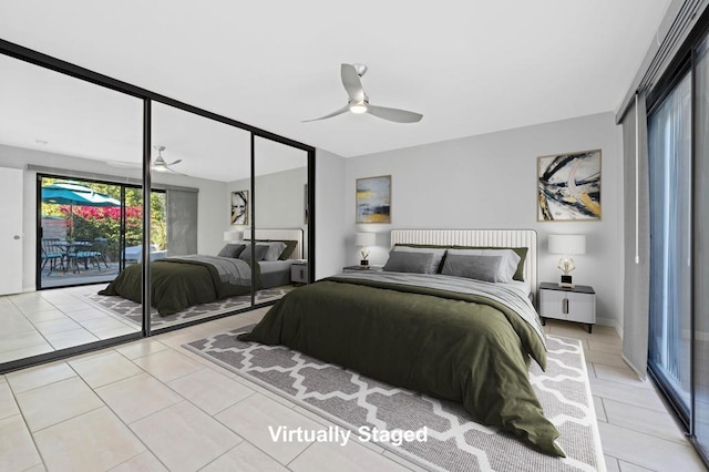 bedroom with ceiling fan, access to outside, a closet, and light tile patterned floors