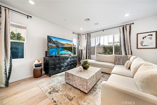 living room featuring light hardwood / wood-style floors and a healthy amount of sunlight