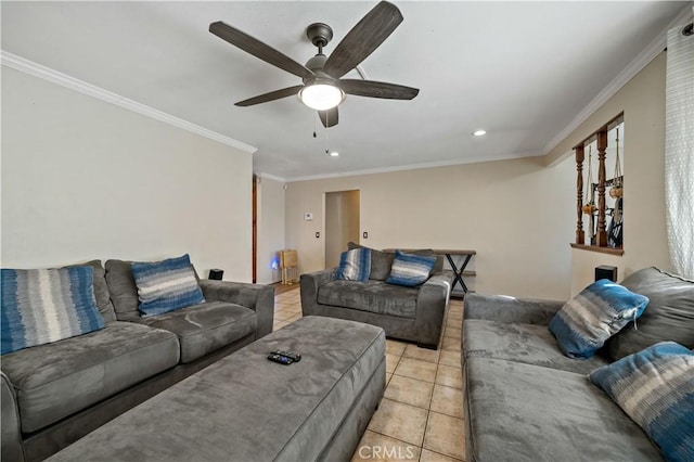 tiled living room featuring ceiling fan and crown molding