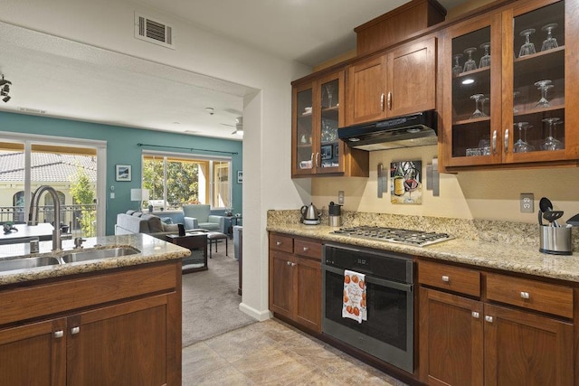 kitchen featuring light stone countertops, sink, light colored carpet, and stainless steel appliances