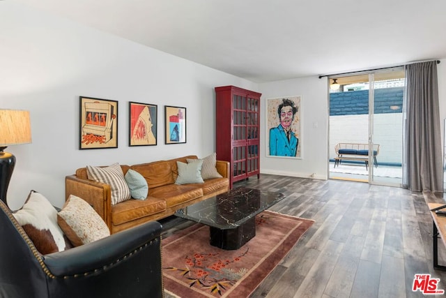 living room with dark hardwood / wood-style flooring and expansive windows