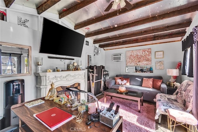living room with vaulted ceiling with beams, a wall mounted air conditioner, a ceiling fan, and wood finished floors