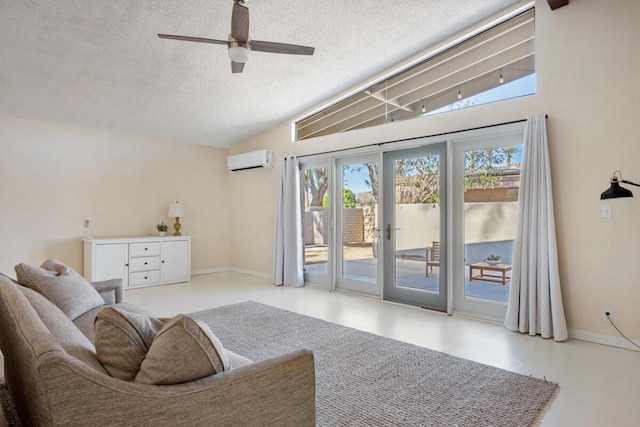 living room featuring ceiling fan, a wall mounted air conditioner, lofted ceiling, french doors, and a textured ceiling