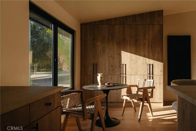 dining room featuring light wood-type flooring and lofted ceiling