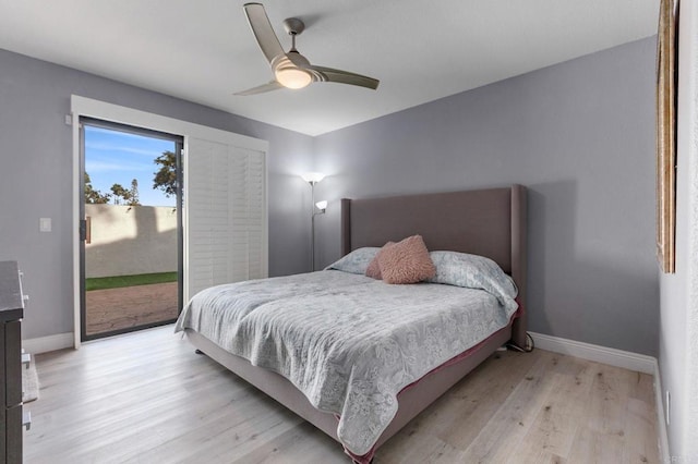 bedroom with ceiling fan, access to exterior, and light hardwood / wood-style flooring