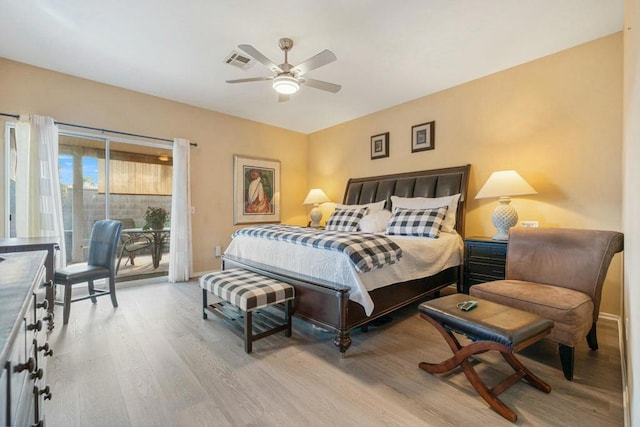 bedroom with ceiling fan, access to outside, and light wood-type flooring