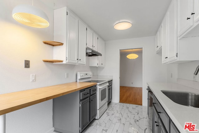 kitchen featuring butcher block counters, sink, white cabinets, and white electric range