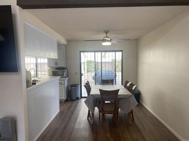 dining area with ceiling fan and dark hardwood / wood-style flooring