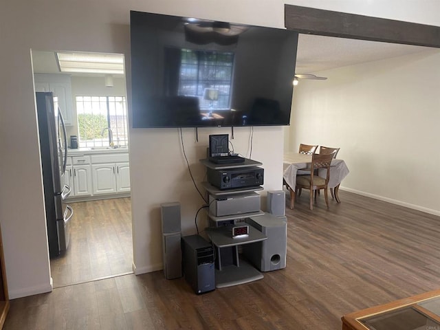 living room featuring ceiling fan, dark hardwood / wood-style flooring, and sink