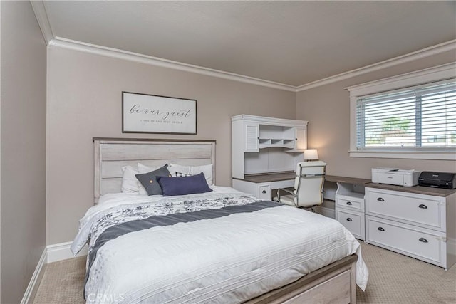 bedroom with light carpet and crown molding