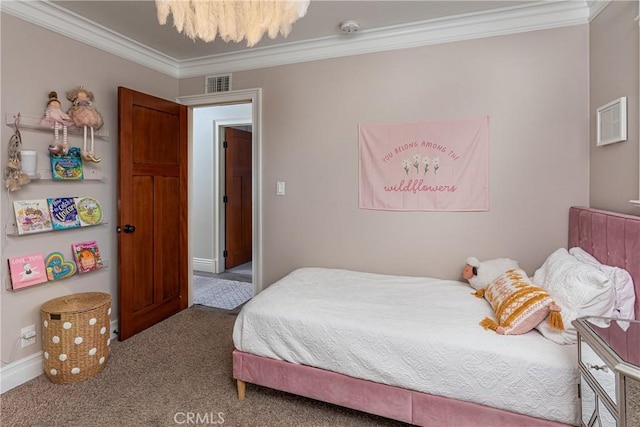 carpeted bedroom featuring ornamental molding