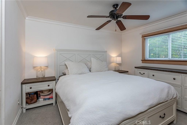 bedroom with ceiling fan, light carpet, and crown molding