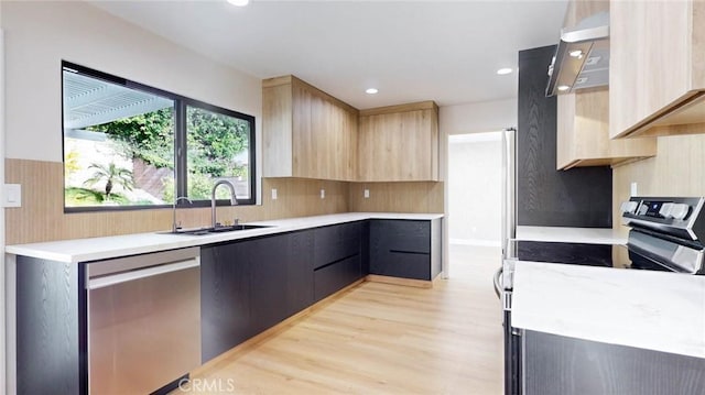 kitchen featuring appliances with stainless steel finishes, light brown cabinetry, sink, and exhaust hood