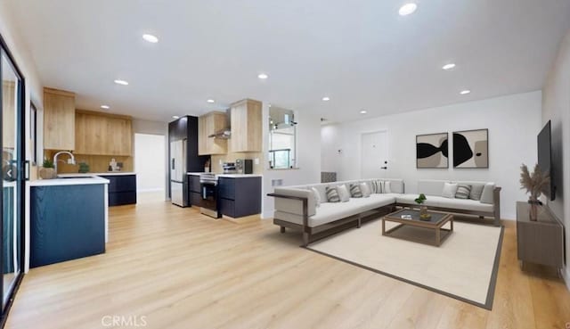 living room featuring sink and light hardwood / wood-style flooring