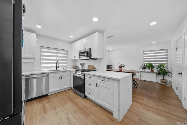 kitchen with sink, kitchen peninsula, white cabinets, and stainless steel appliances