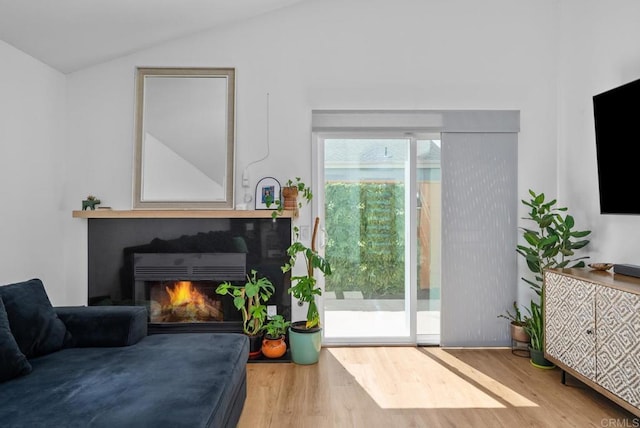 interior space with hardwood / wood-style flooring and vaulted ceiling