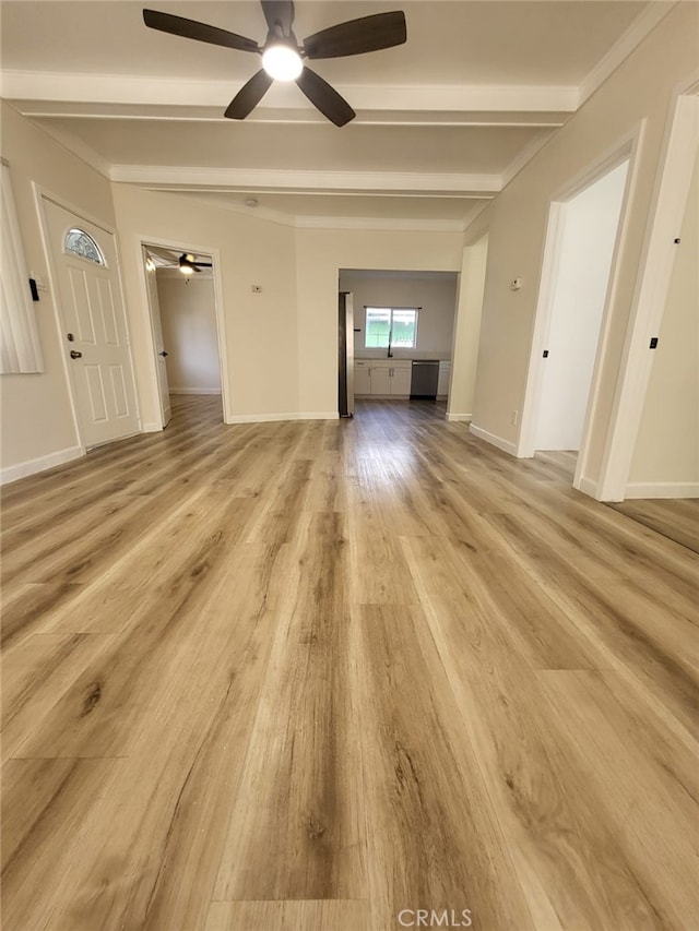 unfurnished living room with beam ceiling and light hardwood / wood-style flooring