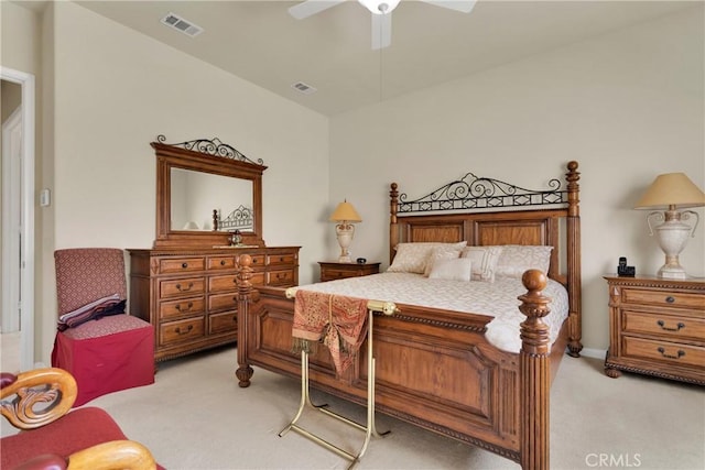 bedroom featuring light carpet and ceiling fan