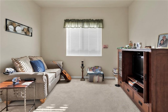 sitting room with light colored carpet