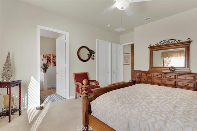 carpeted bedroom with ceiling fan