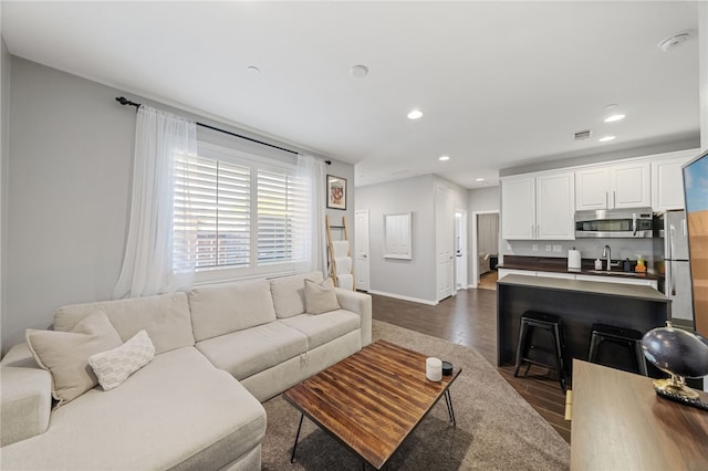 living room featuring dark wood-type flooring and sink