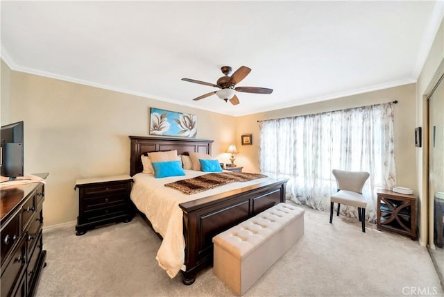 bedroom with light carpet, ceiling fan, and ornamental molding