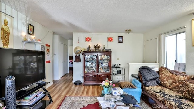 living room featuring a textured ceiling and light hardwood / wood-style flooring