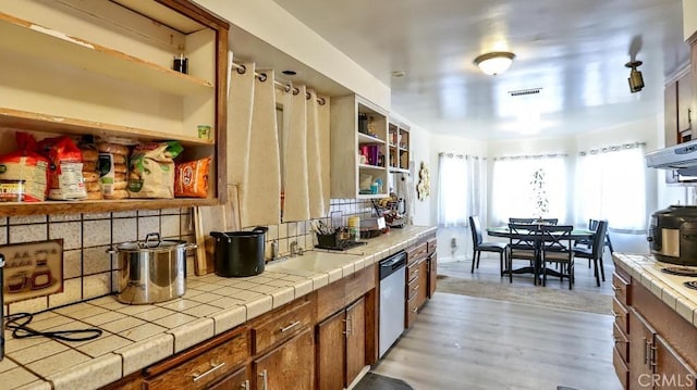 kitchen featuring light hardwood / wood-style floors, tile counters, backsplash, stainless steel dishwasher, and sink