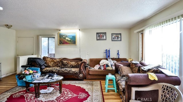 living room with hardwood / wood-style flooring and a textured ceiling