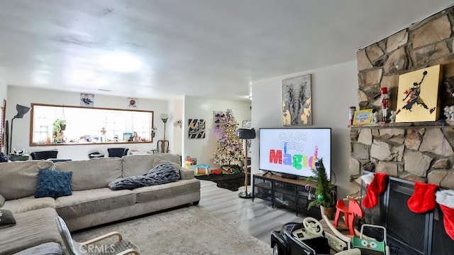 living room with a fireplace and hardwood / wood-style floors