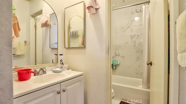 full bathroom featuring toilet, vanity, and shower / tub combo with curtain