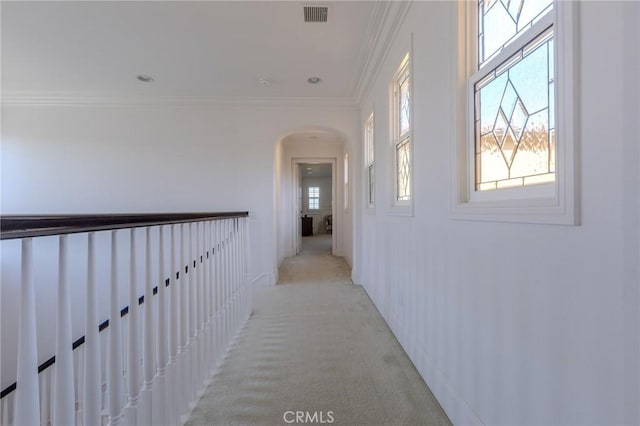 corridor with ornamental molding and light carpet