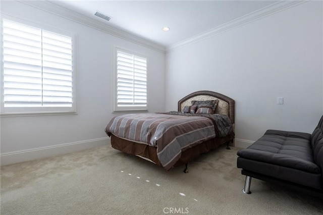 bedroom featuring light carpet and ornamental molding