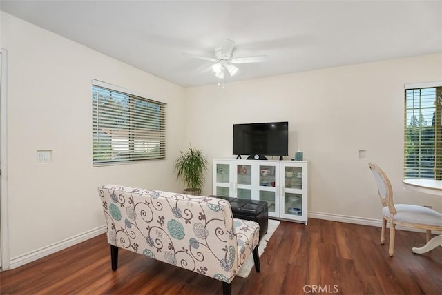 interior space featuring ceiling fan and dark hardwood / wood-style floors