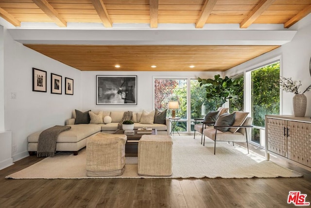 living room featuring dark wood-type flooring, beam ceiling, and wood ceiling