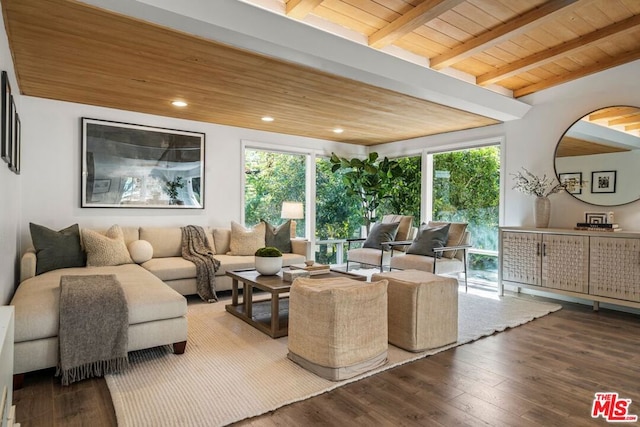 living room with wood-type flooring, beam ceiling, wood ceiling, and a healthy amount of sunlight