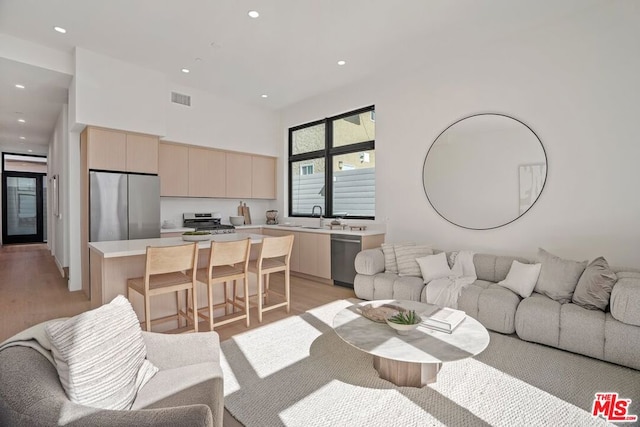 living room featuring light wood-type flooring and sink