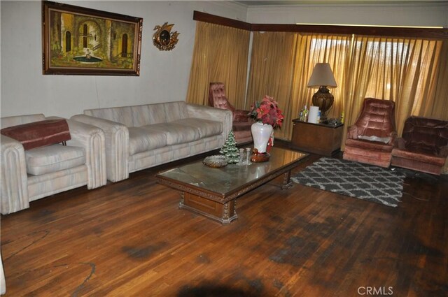 living room featuring dark wood-type flooring and crown molding