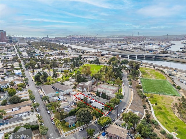 drone / aerial view featuring a water view