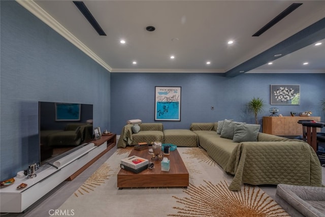 living room featuring crown molding