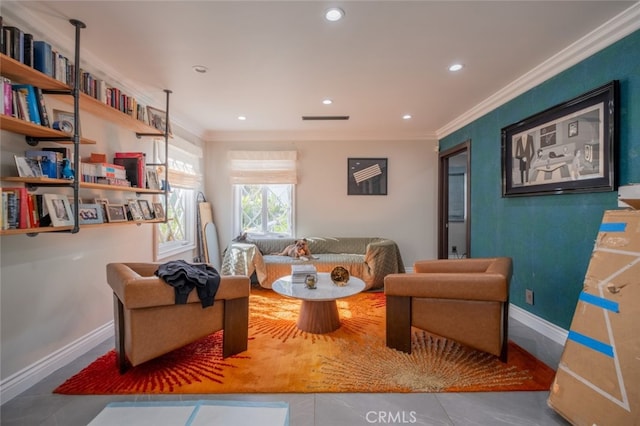 living area with crown molding