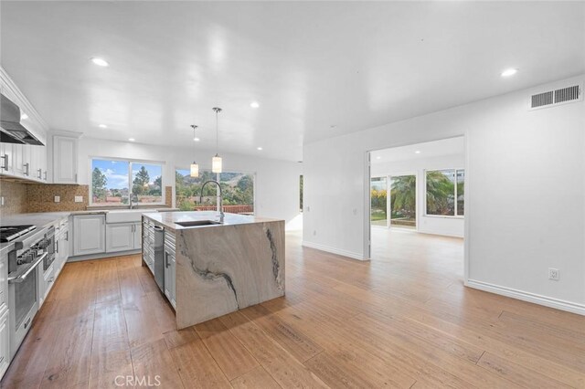 kitchen featuring decorative light fixtures, sink, plenty of natural light, and an island with sink